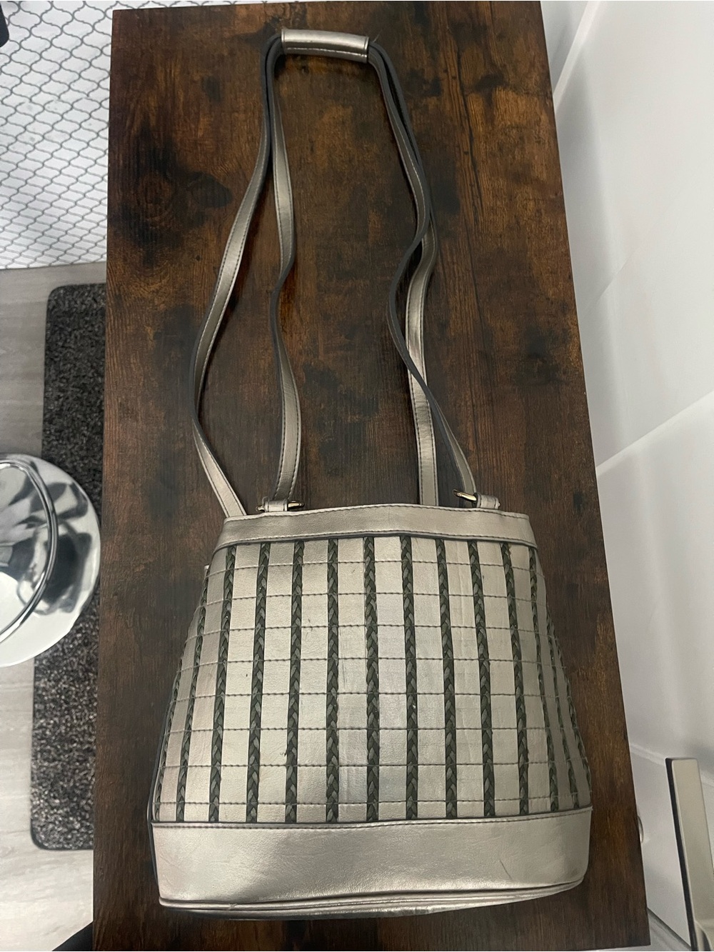 Metallic Silver Woven-Panel Women's Shoulder Bag